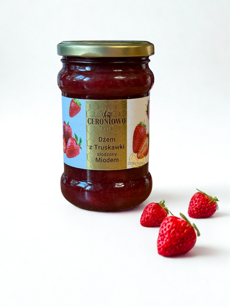 Naturalny Dżem TRUSKAWKOWY SŁODZONY MIODEM 315g DMOSIŃSKI, CERONIOWO, domowy, tradycyjny